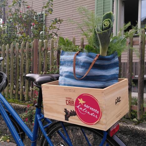 Die Weinkiste ersetzt das kaputte Velokörbli.